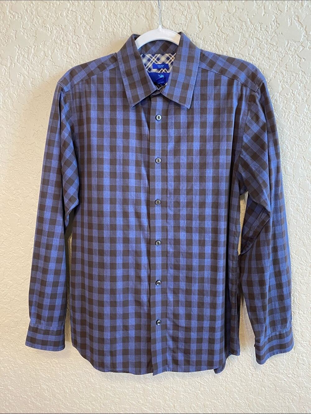 Men's Egara Non-Iron Slim Fit Blue/Brown Checked Button-Up Shirt Size M